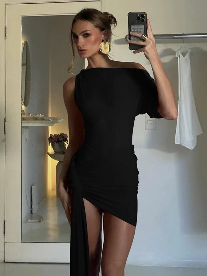 Mini dress with asymmetric design and train decoration - Nina