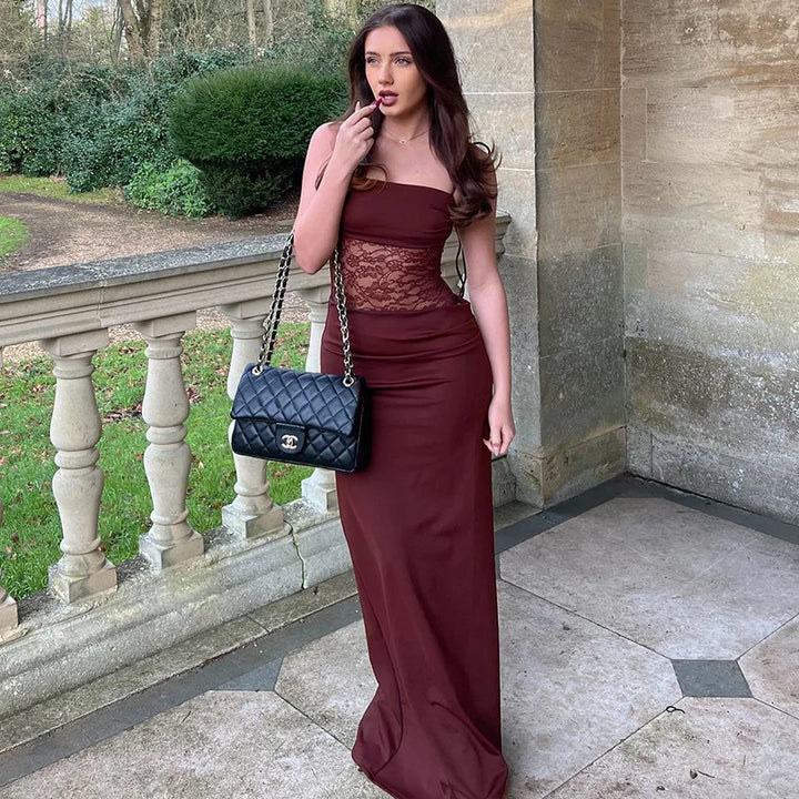 Elegant Maxi Dress with Lace and Tie Straps - Indigo