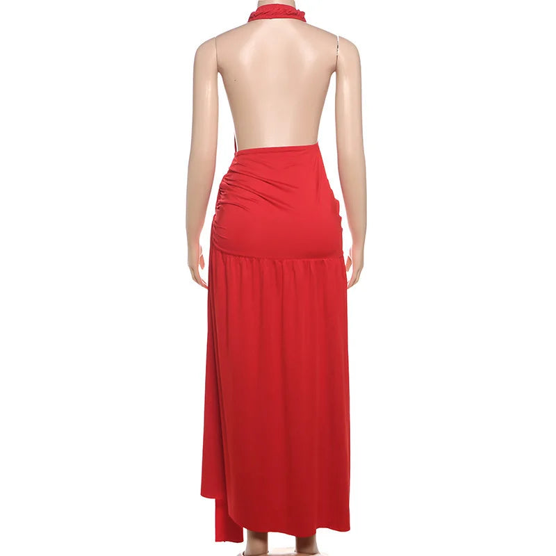Ruched Maxi Dress with Tie Decoration, Open Back, and Deep V Neckline - Peleg