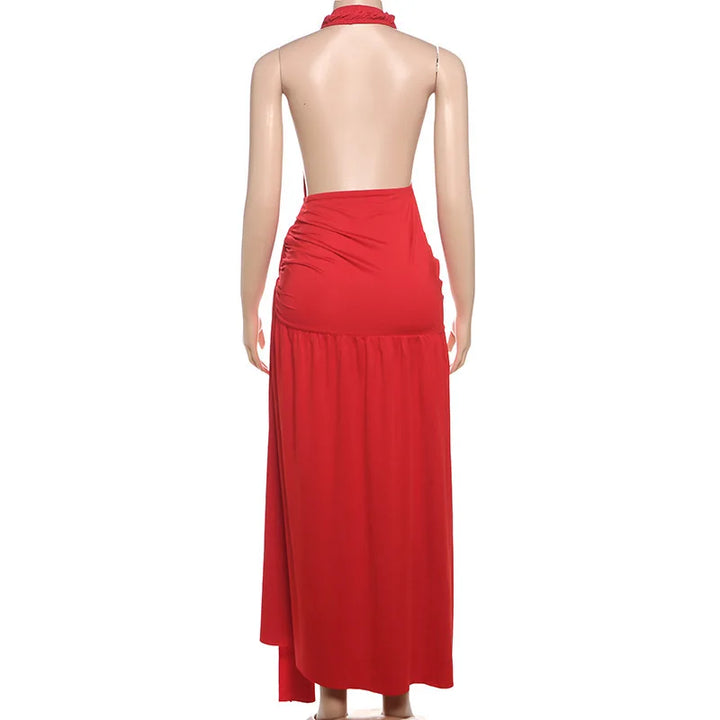 Ruched Maxi Dress with Tie Decoration, Open Back, and Deep V Neckline - Peleg