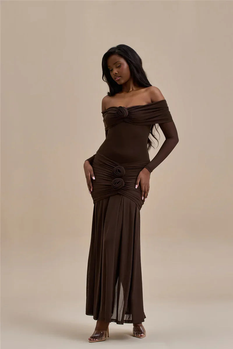 Off-shoulder maxi dress with ruching and floral appliqué decoration - Angelica