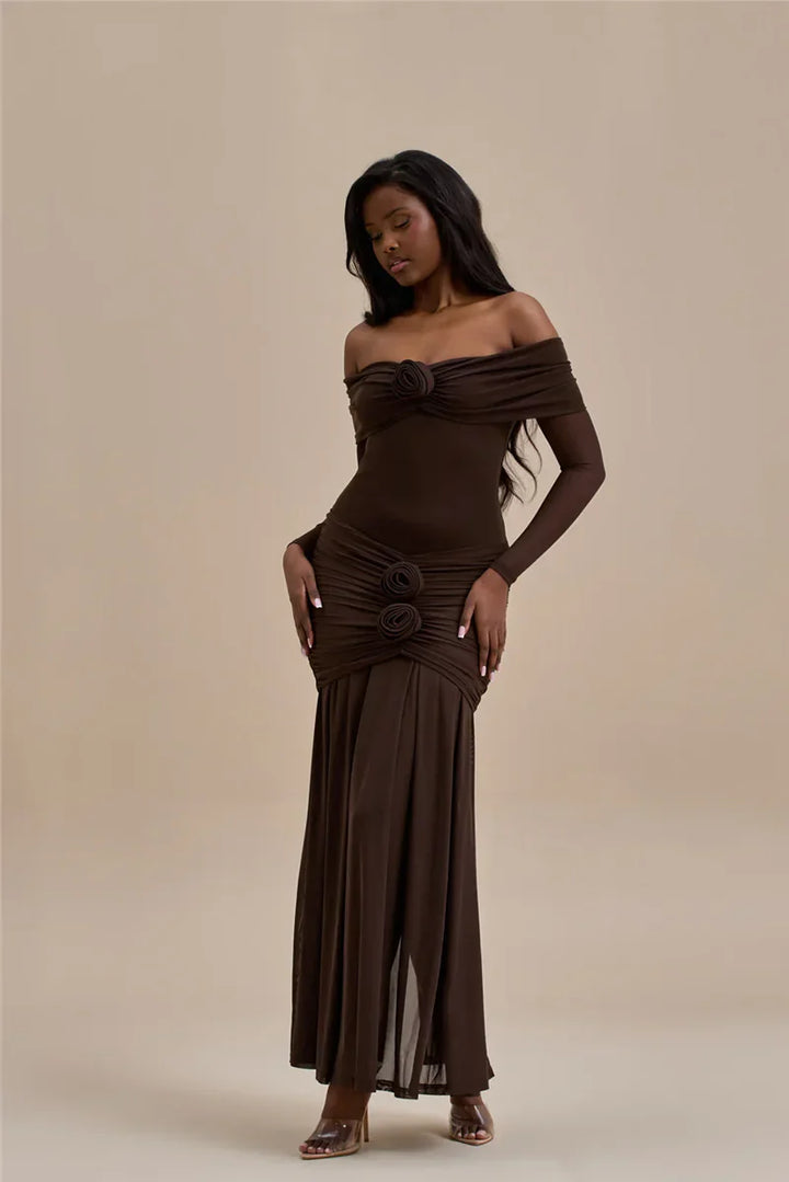 Off-shoulder maxi dress with ruching and floral appliqué decoration - Angelica