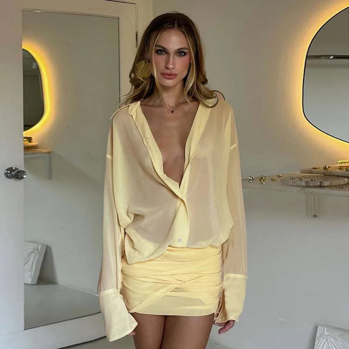 Chiffon Mini Dress with Pleated Design and Button Closure - Arabella