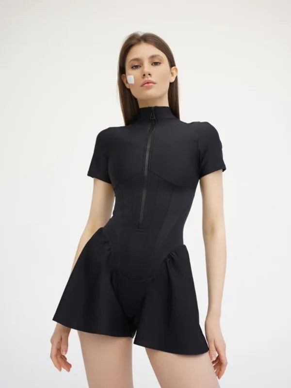 Short Sporty Jumpsuit with Corset Cut and Front Zipper Closure - Averie