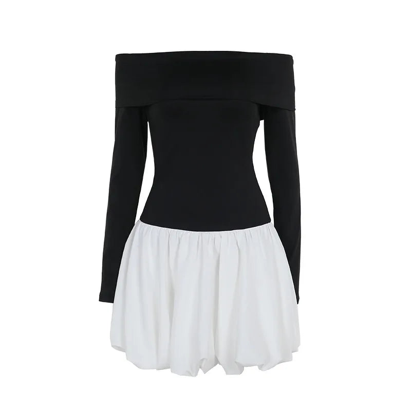 Monochrome balloon mini dress with bare shoulders - Lis