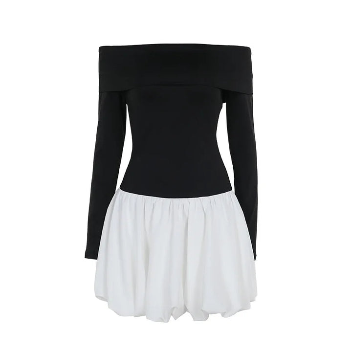 Monochrome balloon mini dress with bare shoulders - Lis