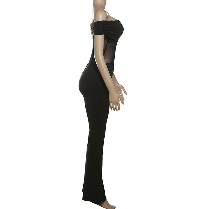 Shaping Fabric Jumpsuit with Mesh and Off-Shoulder Pedal Pusher Pants - Maylin
