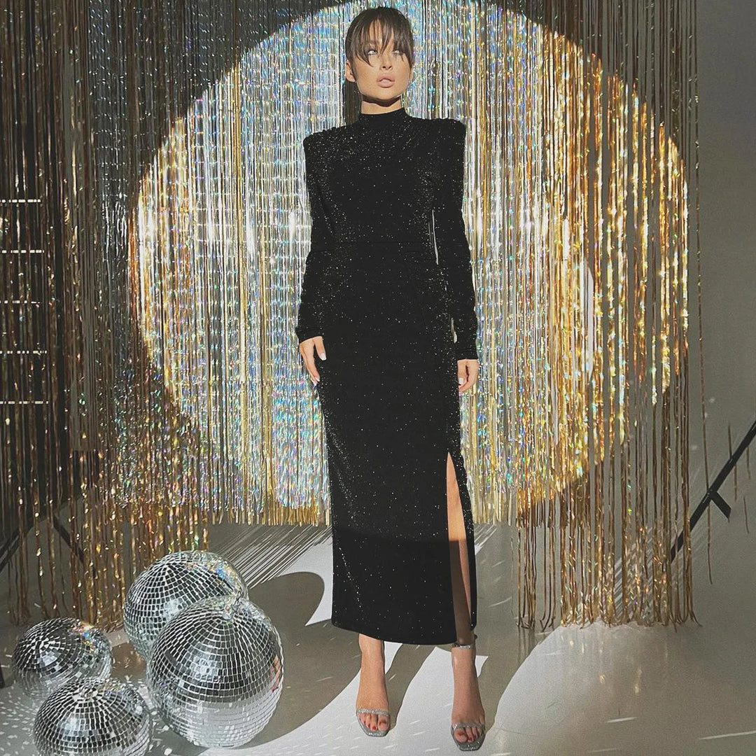Sequin Maxi Dress with Half Turtleneck, Ruched Design, and Short Slit - Hazel