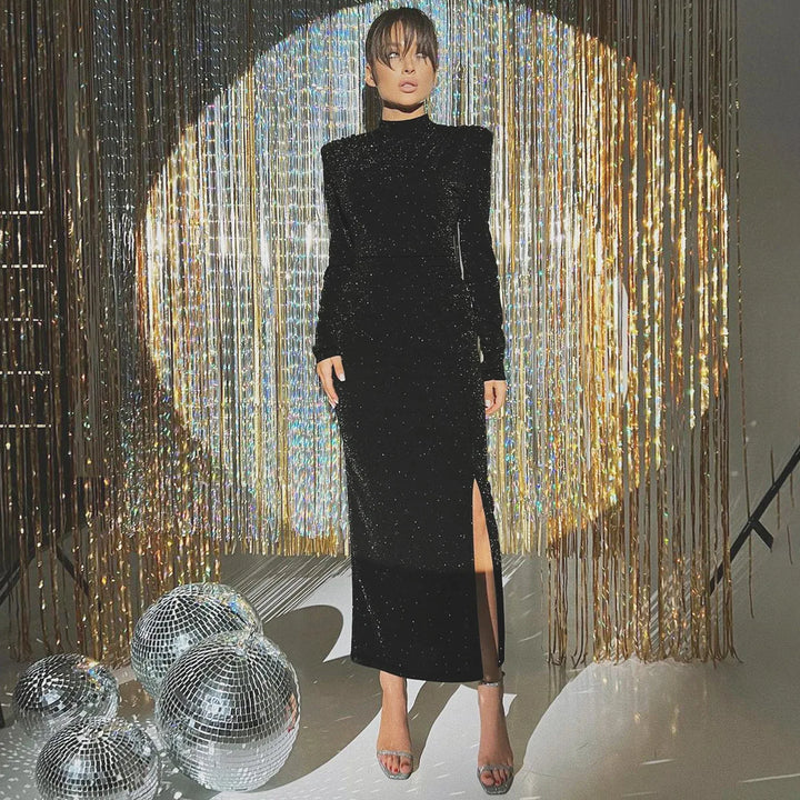 Sequin Maxi Dress with Half Turtleneck, Ruched Design, and Short Slit - Hazel