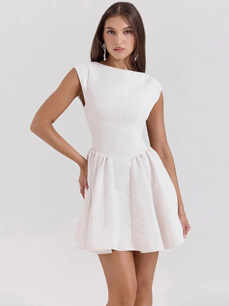 Linen Mini Dress in A-Line with Open Back - Marilyn