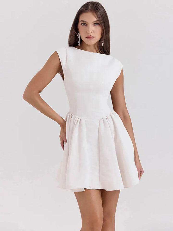 Linen Mini Dress in A-Line with Open Back - Marilyn