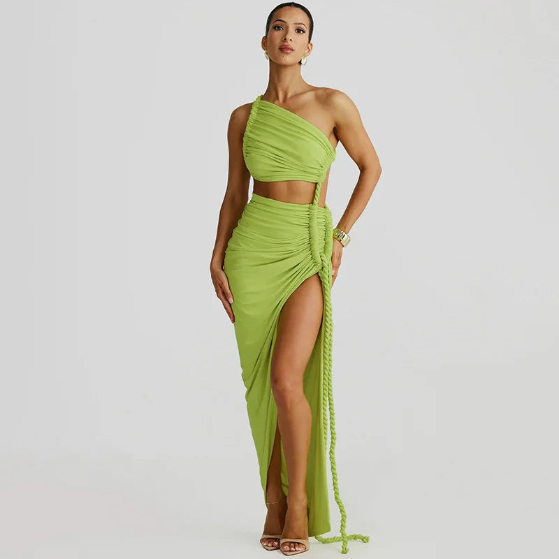 Maxi One-Shoulder Dress with Cutout and Slit, Braided Detail - Panama