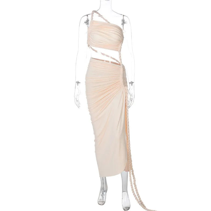 Maxi One-Shoulder Dress with Cutout and Slit, Braided Detail - Panama
