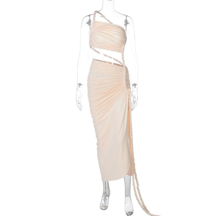 Maxi One-Shoulder Dress with Cutout and Slit, Braided Detail - Panama