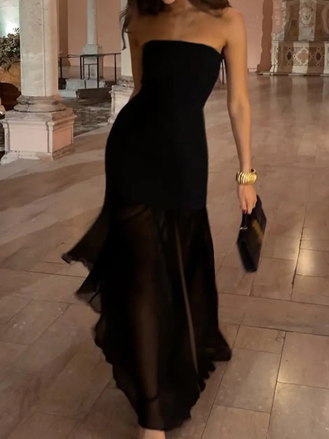Strapless maxi dress with chiffon decoration and slit - Lettie