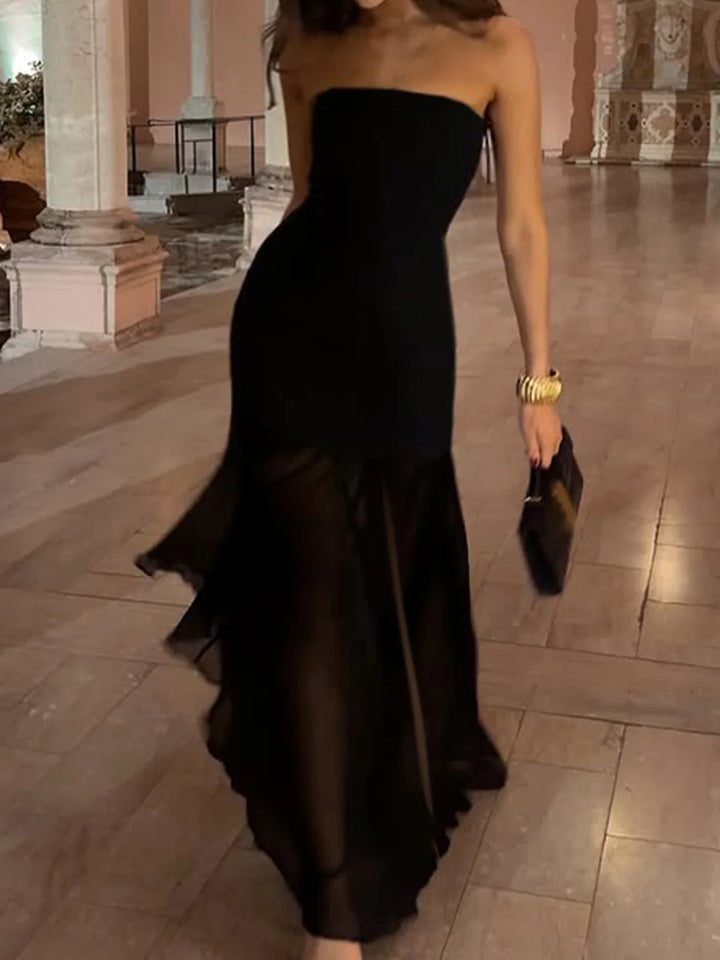 Strapless maxi dress with chiffon decoration and slit - Lettie