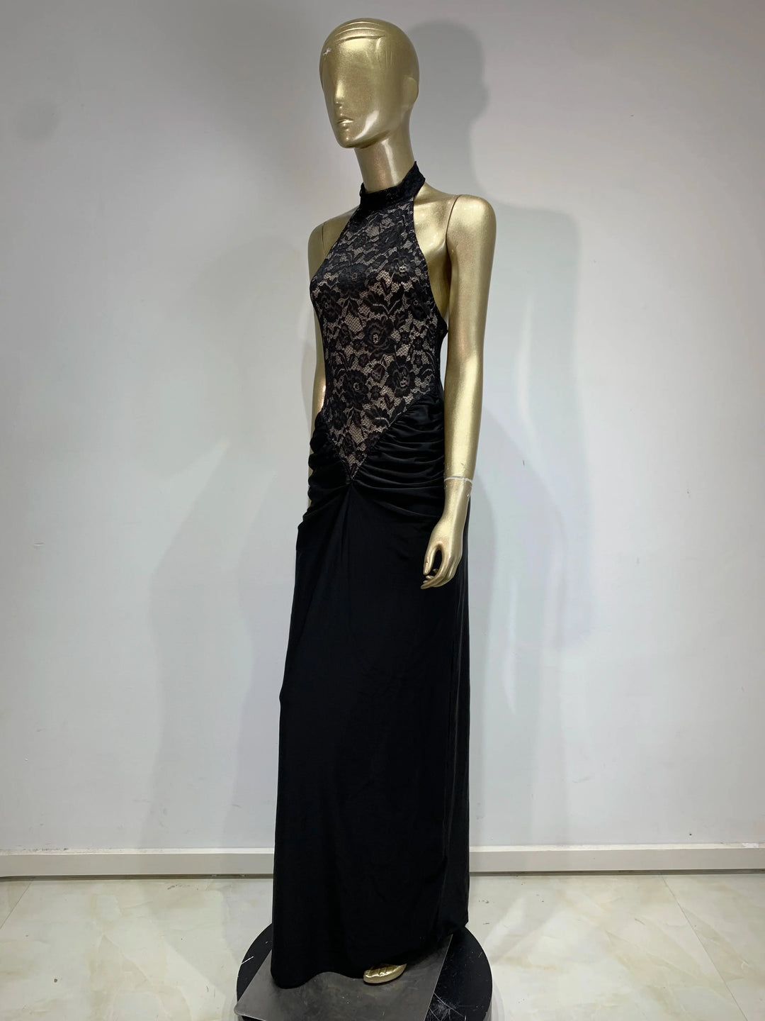 Maxi Dress with Ruching, Collar Cut, Opaque Lace Design, and Open Back - Elliana