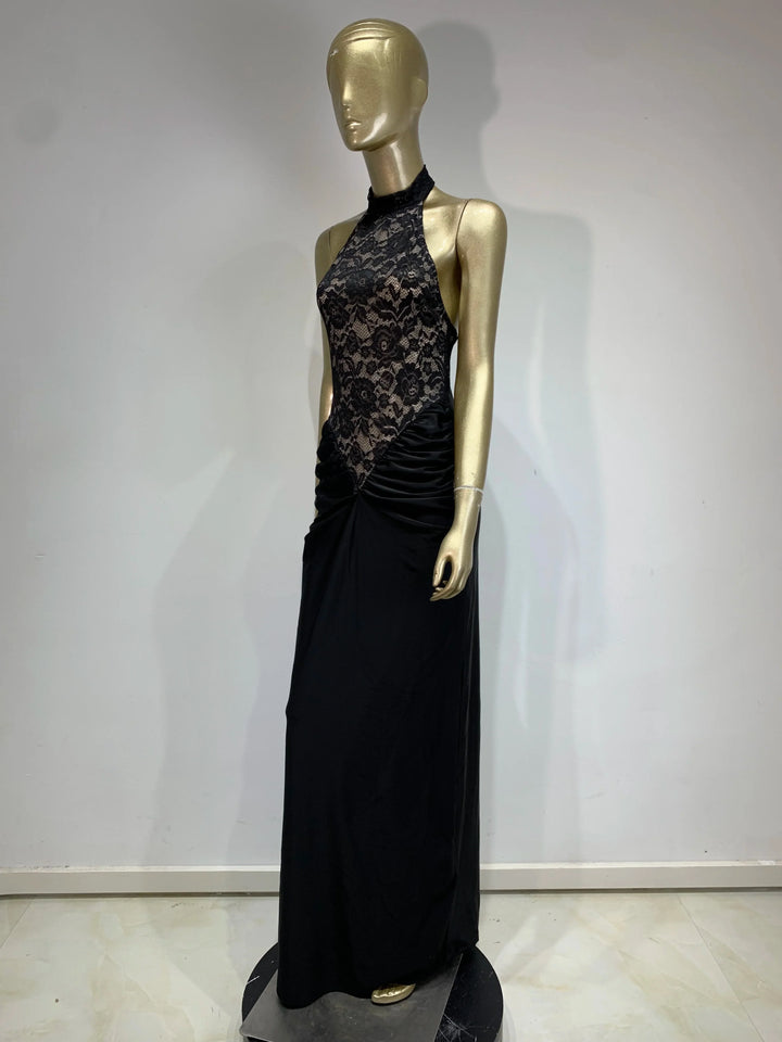 Maxi Dress with Ruching, Collar Cut, Opaque Lace Design, and Open Back - Elliana