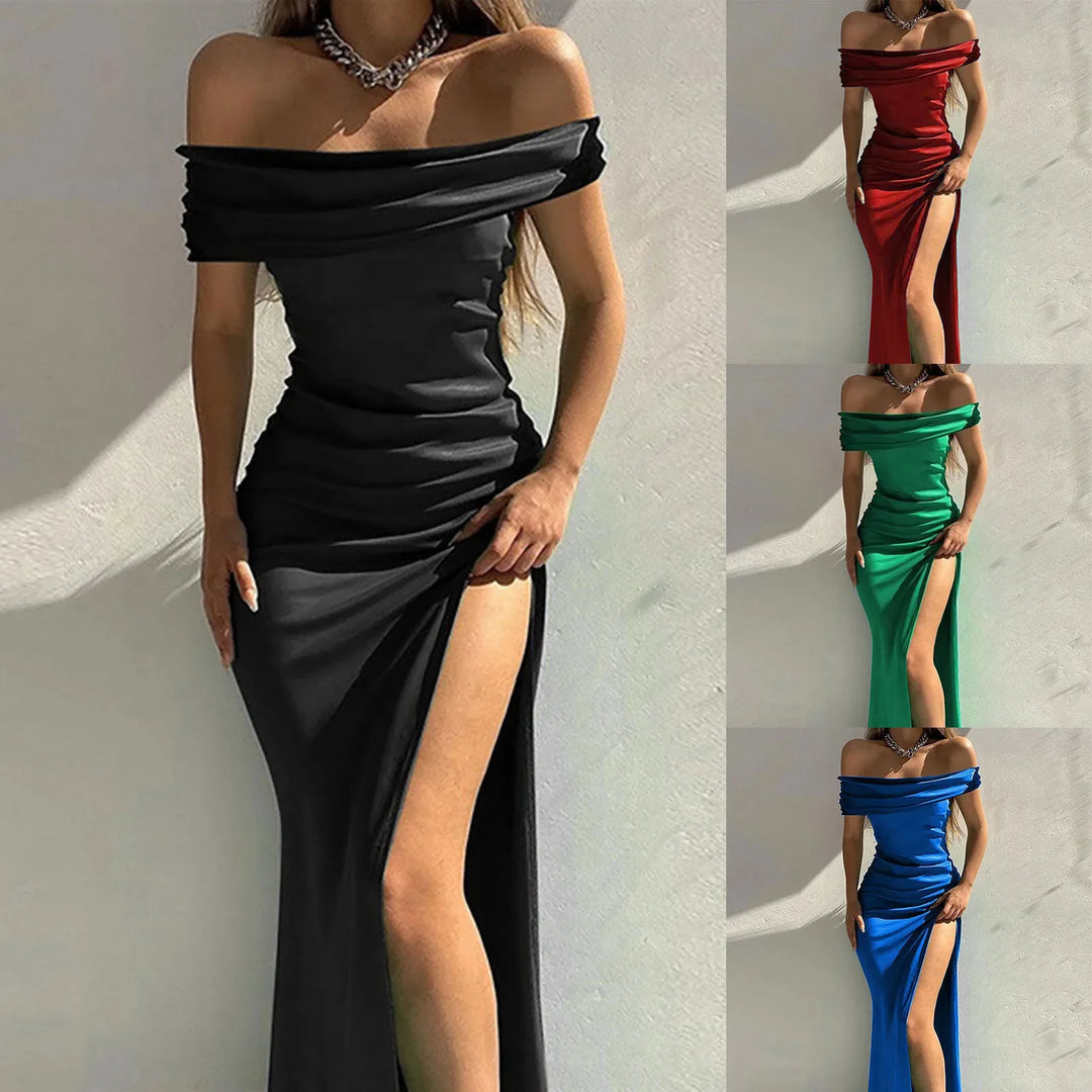 Maxi Satin Dress with Off-Shoulder Design and Slit - Harmoni