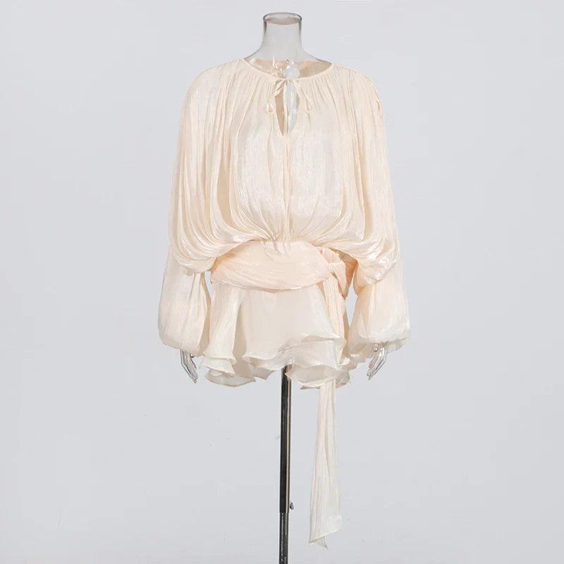 Ruched Mini Dress with Ruffle Detail, Shiny Chiffon Fabric - Lucille