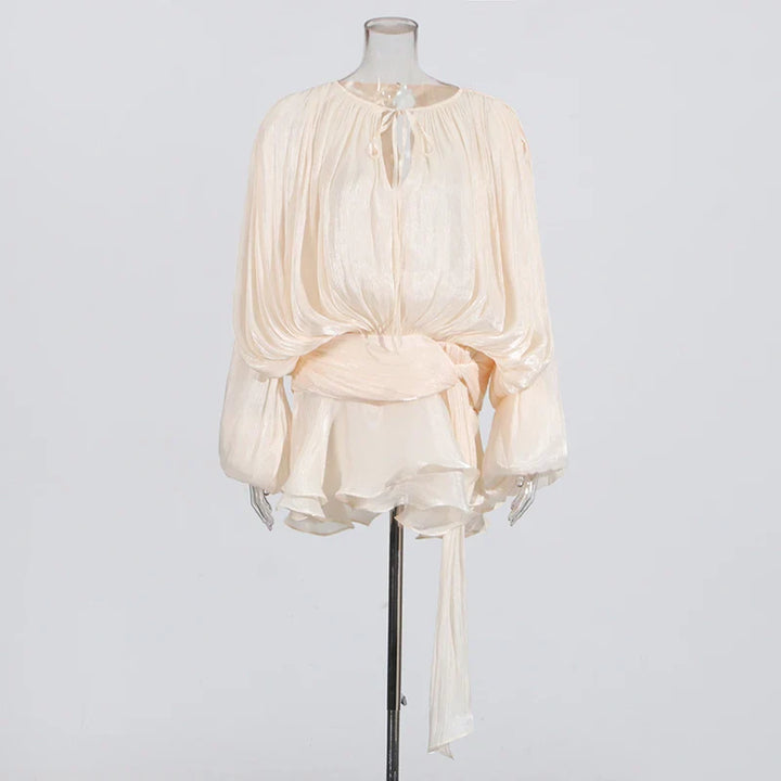 Ruched Mini Dress with Ruffle Detail, Shiny Chiffon Fabric - Lucille