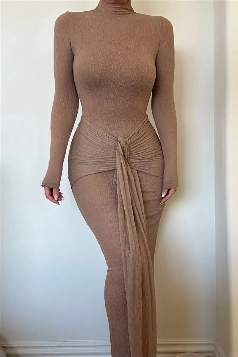 Maxi dress with ruching, tie decoration, and turtleneck collar - Halsey
