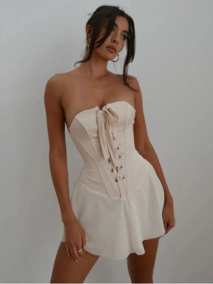 Strapless Satin Tie Mini Dress - Fern