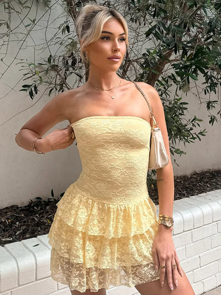 Strapless mini dress with tiered lace ruffle design - Mia Li