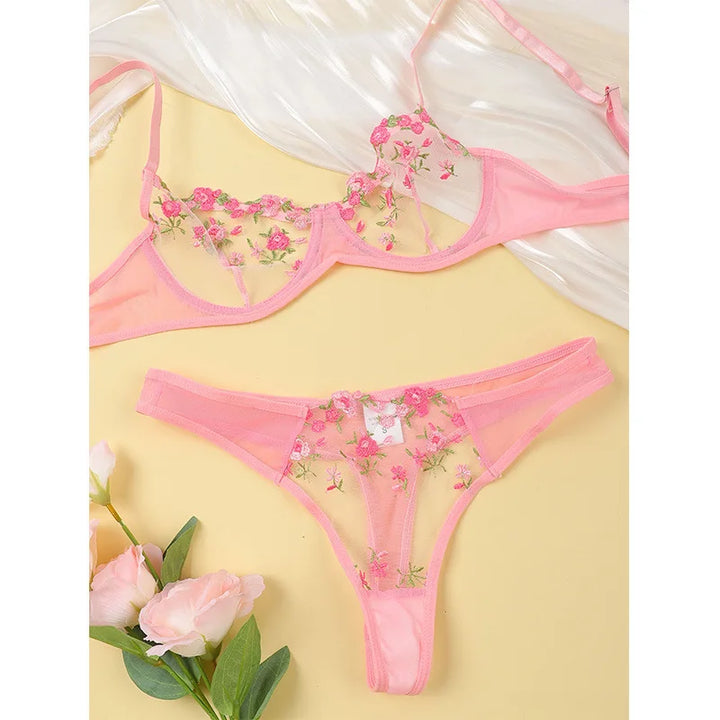 Sheer Floral Design Lingerie Set - Amy