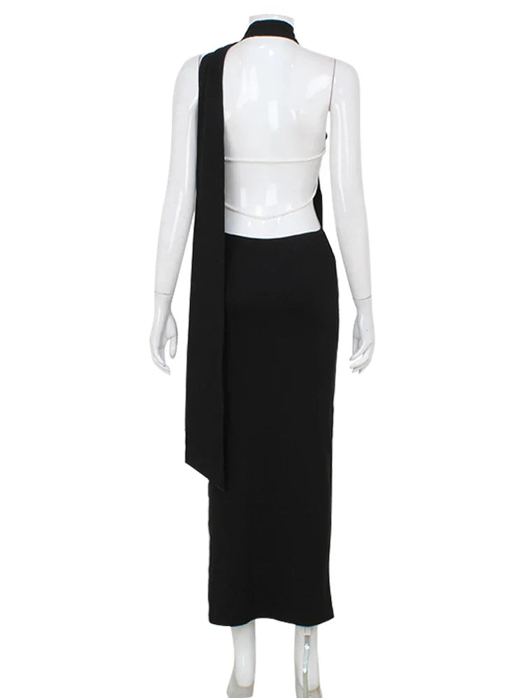 Maxi Dress with Chain Detail on Back and Neck Tie - Annalise