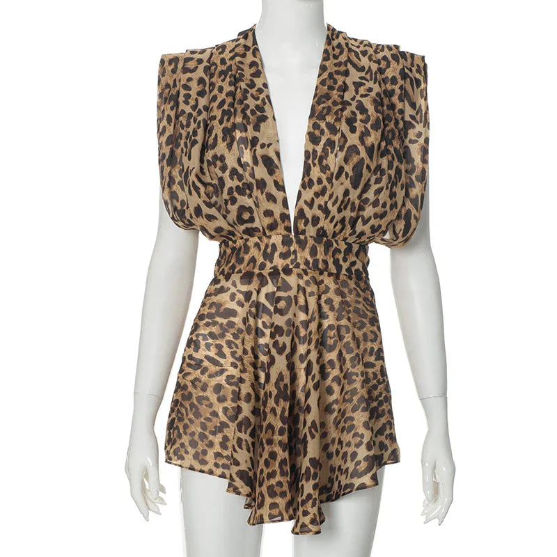 Short Spotted Chiffon Jumpsuit with Deep V-Neck Mini Dress Design - Jill