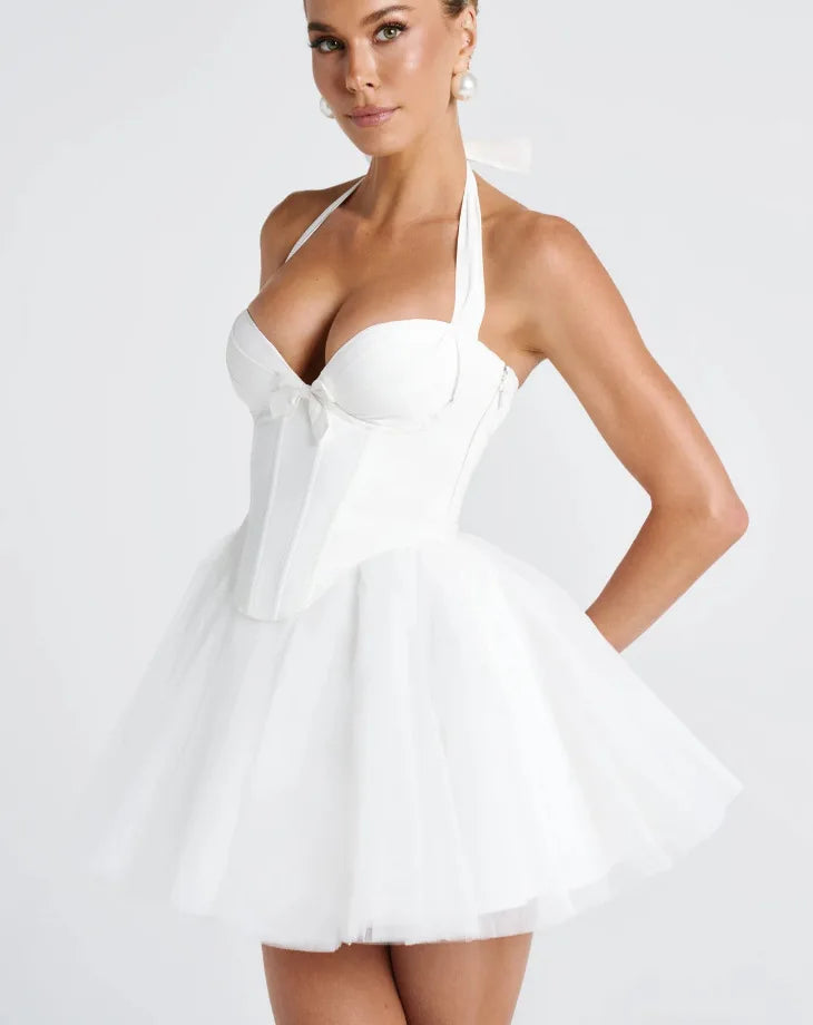 Ballerina mini dress in A-line cut with corset and tulle open back design - Mimi