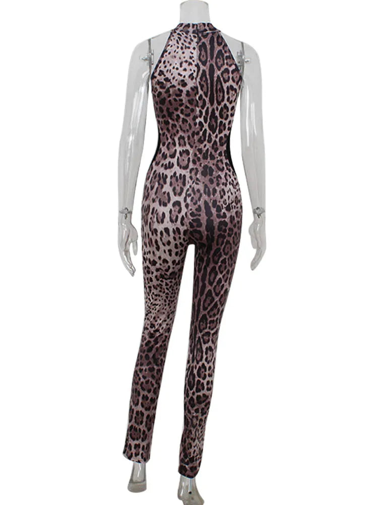 Fitted Leopard Print Jumpsuit with Mesh Side Waist Design - Alexis