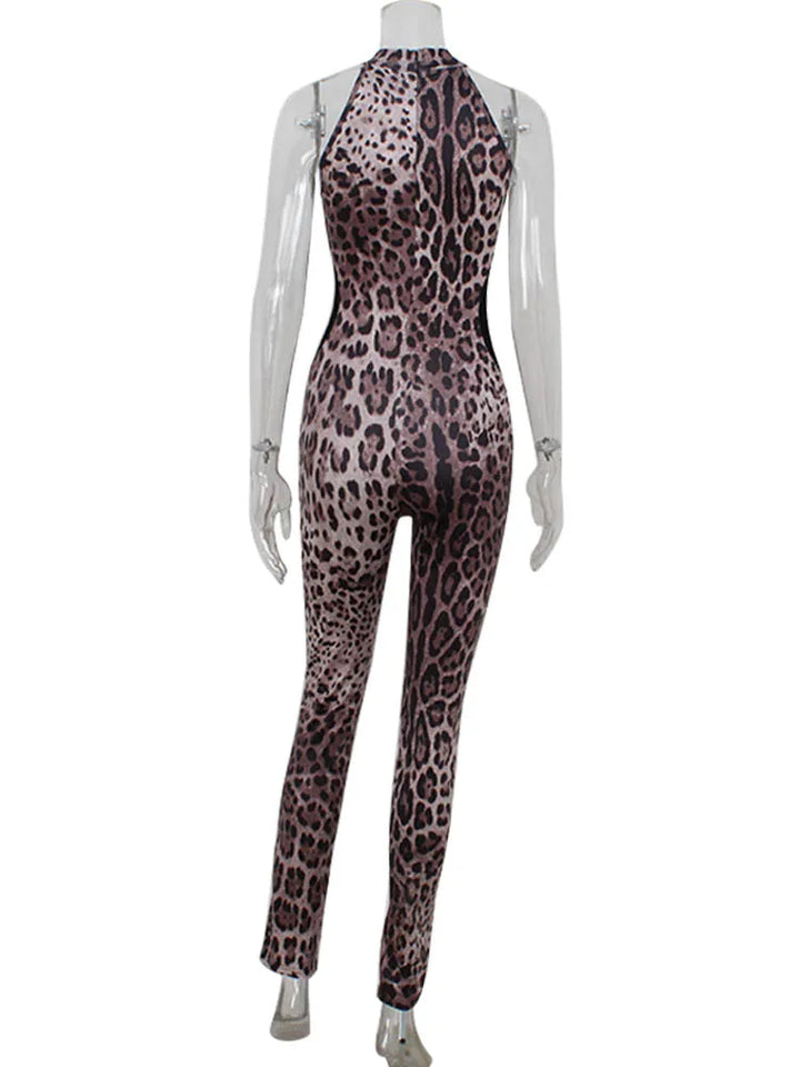 Fitted Leopard Print Jumpsuit with Mesh Side Waist Design - Alexis