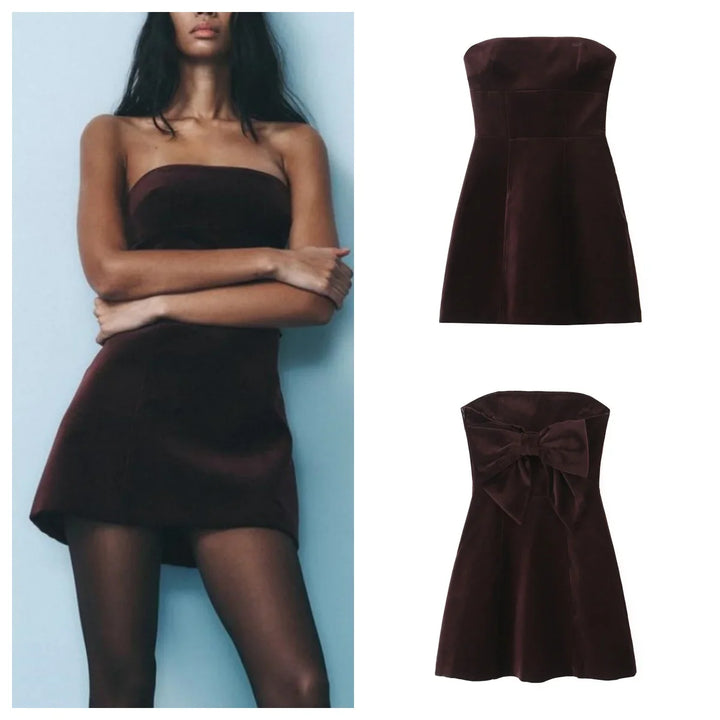Mini strapless velvet dress with bow decoration on the back - Bailey
