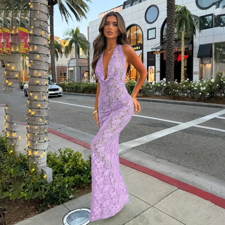 Lace Maxi Dress with Open Back and Draped Collar - Vanilia