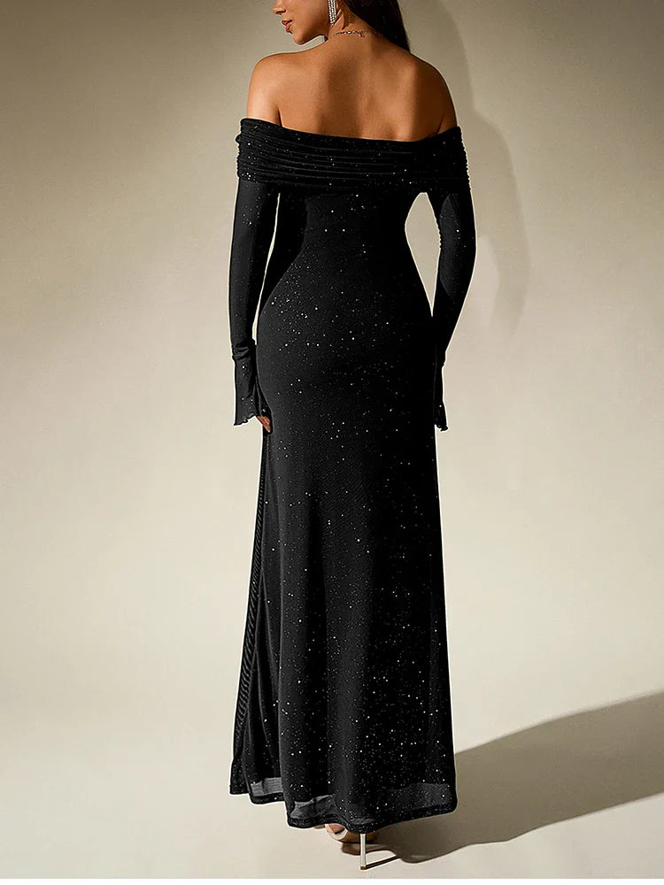 Sequin maxi dress with off-shoulder design and bell sleeves - Margarita