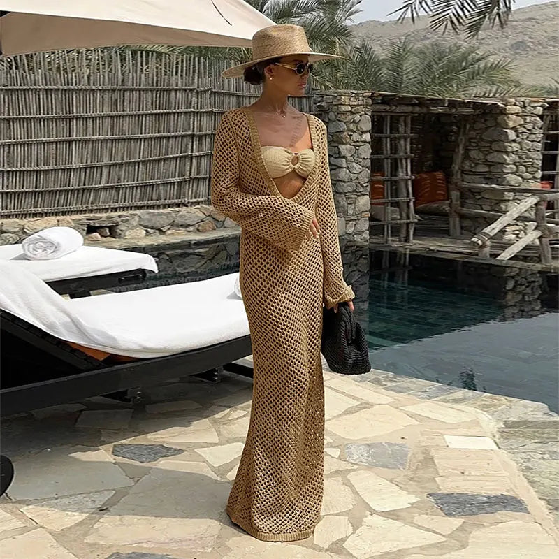 Mesh Maxi Beach Dress with Open Chest/Back - Amber