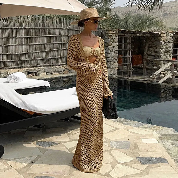 Mesh Maxi Beach Dress with Open Chest/Back - Amber