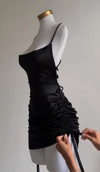 Satin Mini Dress with Tie Strings for Length and Ruching Adjustment - Tara