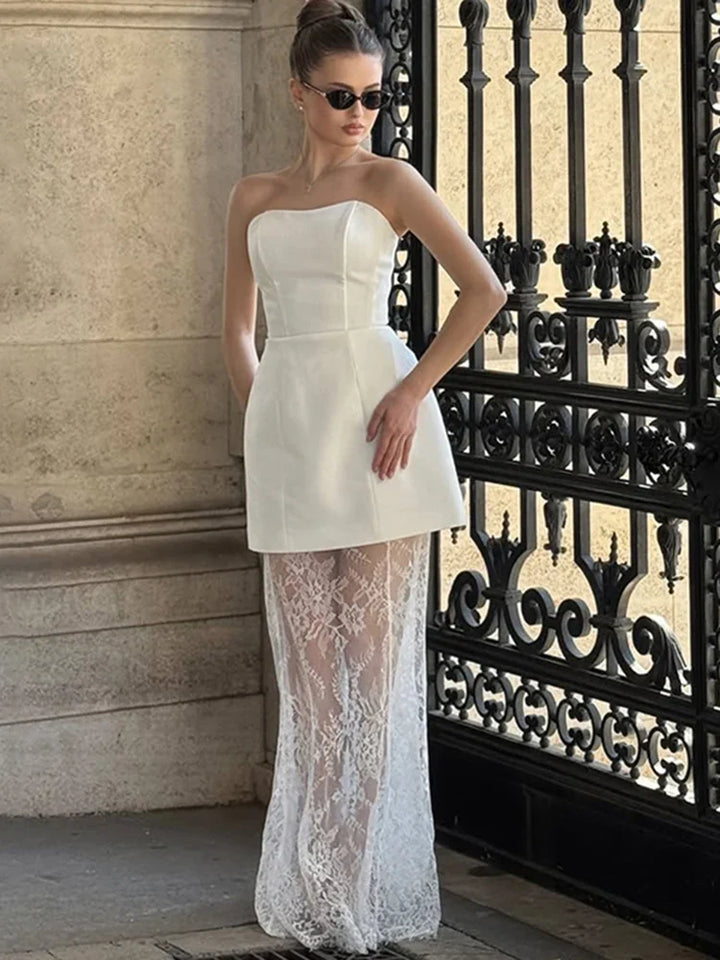 Elegant two-piece set strapless top and maxi lace skirt - Juline
