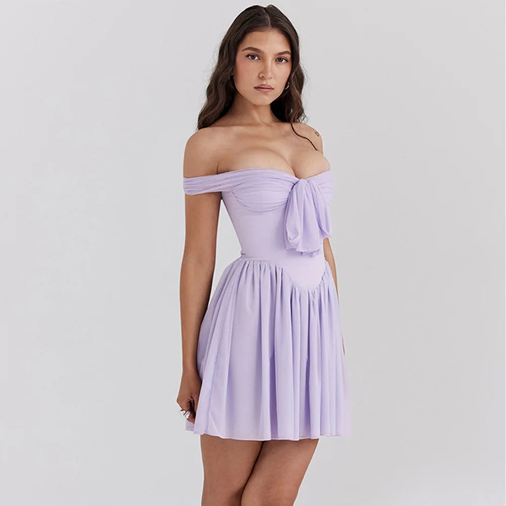 A-line Chiffon Mini Dress with Off-Shoulder - Naya