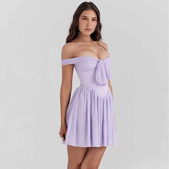 A-line Chiffon Mini Dress with Off-Shoulder - Naya