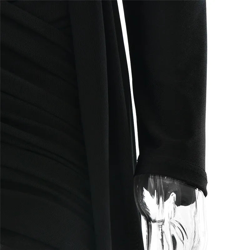 Mini turtleneck dress with chiffon ruched bottom, cross cut, and chiffon ruffle decoration - Marina