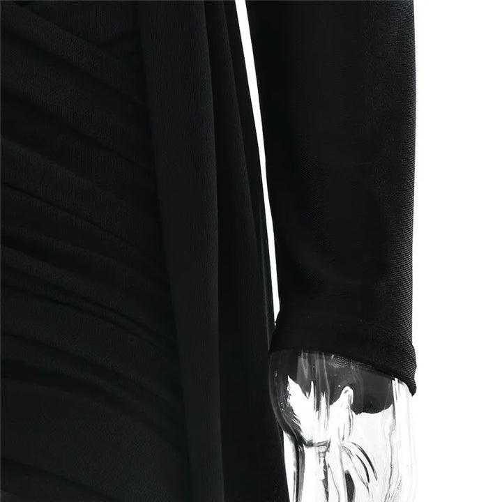Mini turtleneck dress with chiffon ruched bottom, cross cut, and chiffon ruffle decoration - Marina