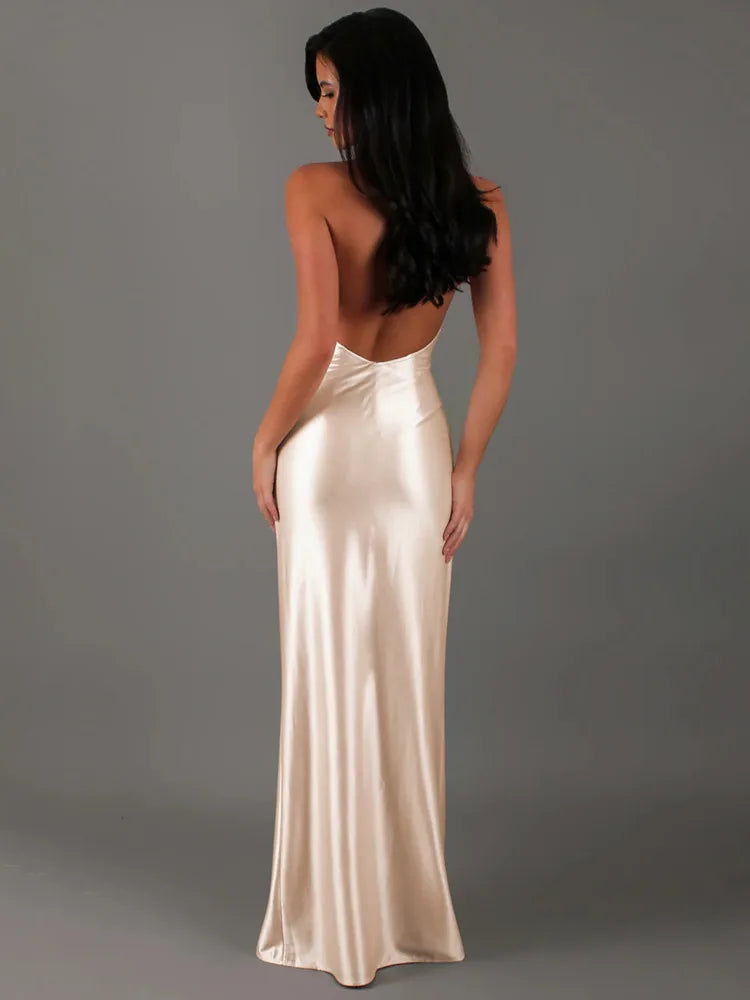 Open Back Satin Maxi Dress with Slit and Matching Scarf Decoration - Felicia