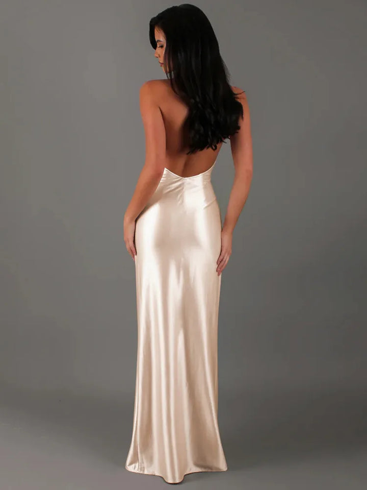 Open Back Satin Maxi Dress with Slit and Matching Scarf Decoration - Felicia
