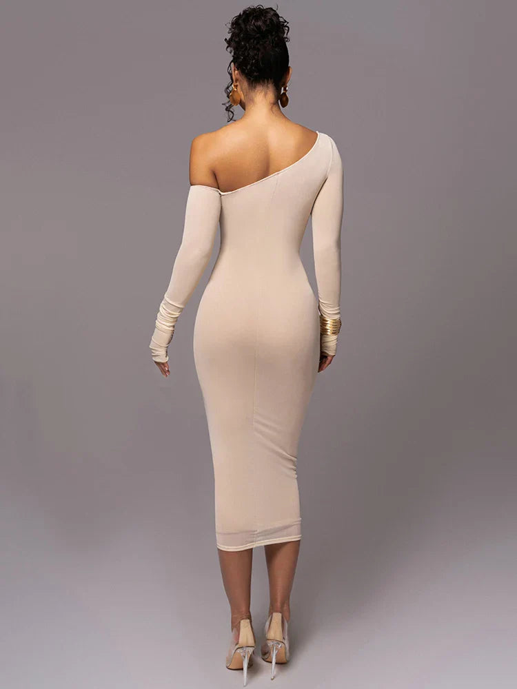 Midi ruched dress with asymmetrical neckline - LOV