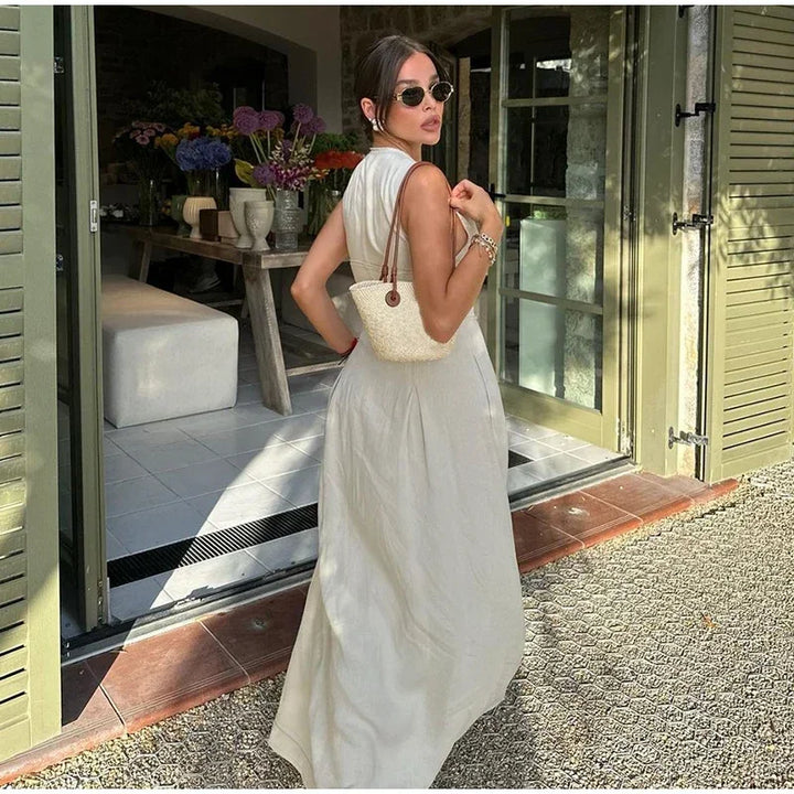 Tailored A-Line Maxi Dress with Front Zipper Closure - Adriana