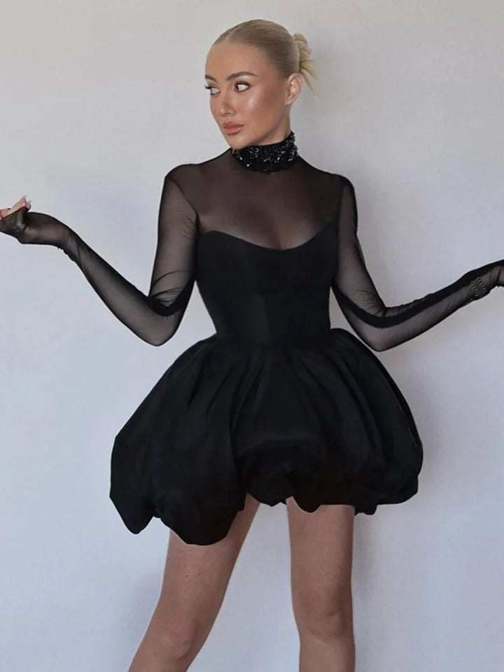 Balloon satin mini dress with mesh and half turtleneck design - Moran
